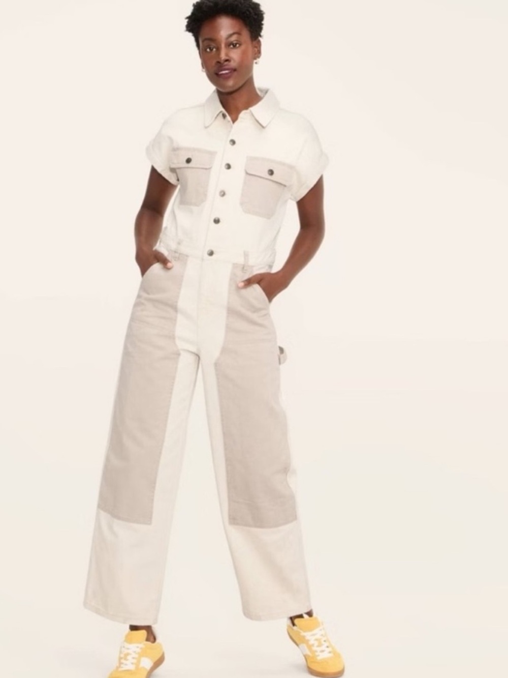 Woolrich NWT cream tan button down pockets wide leg durable denim jumpsuit